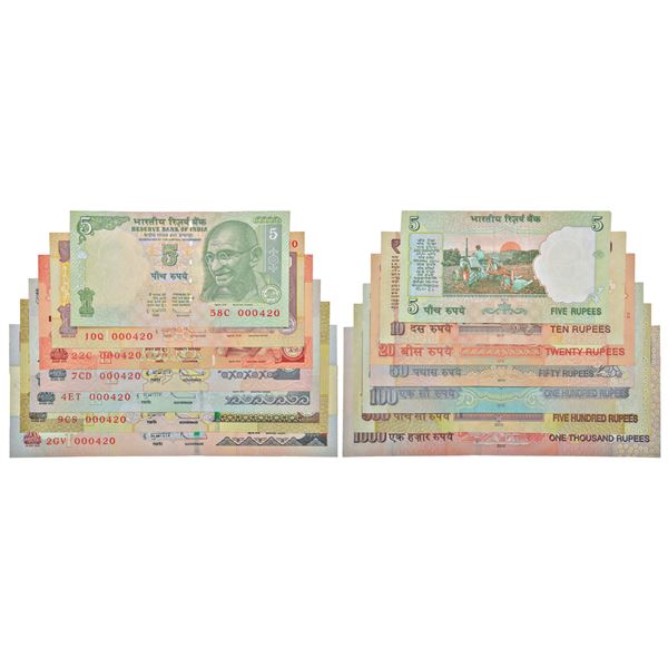 Paper Money: Semi fancy number set of 7 notes, 5 rupees to 1000 rupees, various governors' signature