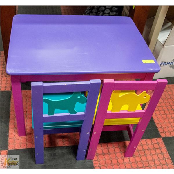 CHILDRENS WOODEN TABLE WITH TWO CHAIRS