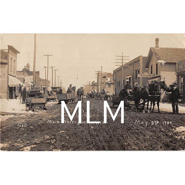 Main Street & Horse Drawn Wagons Chetek, Wisconsin 1909 Photo Postcard