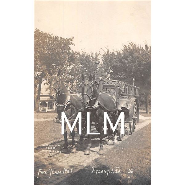 Fire Team No. 1 Horse Drawn Engine Atlantic, Iowa Photo Postcard