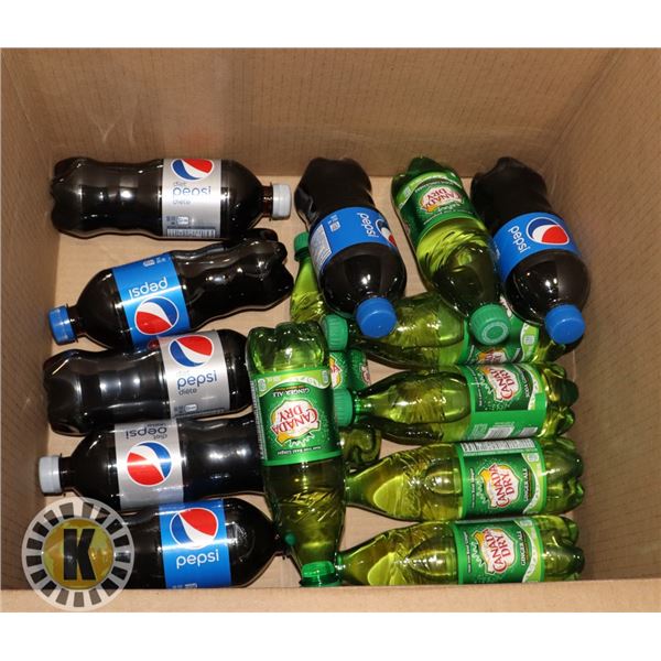 BOX OF PEPSI AND GINGER ALE BOTTLES
