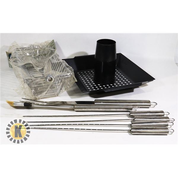BOX OF BBQ TOOLS AND  UTENSILS