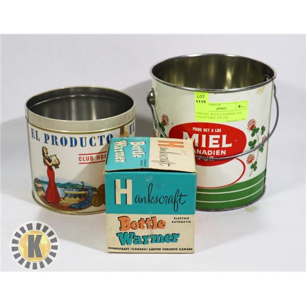 VINTAGE  BOTTLE WARMER AND COLLECTIBLE TIN/CAN