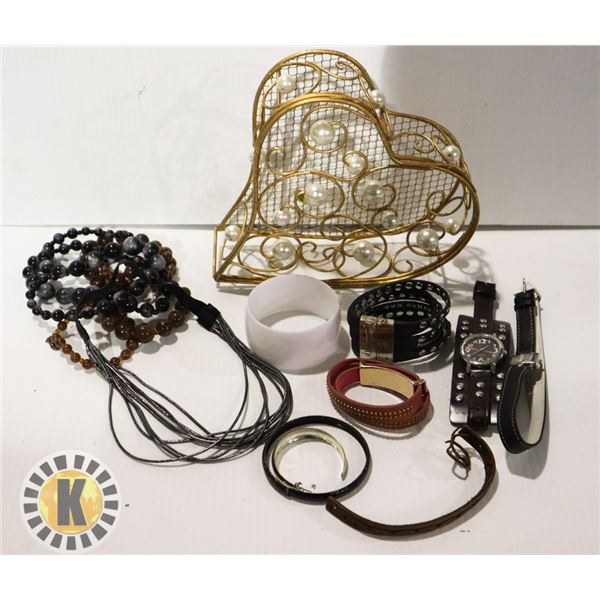 BOX OF FASHION JEWELRY AND WATCHES AND STORAGE