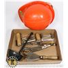 Image 1 : FLAT OF ASSORTED VINTAGE/ANTIQUE TOOLS + HELMET