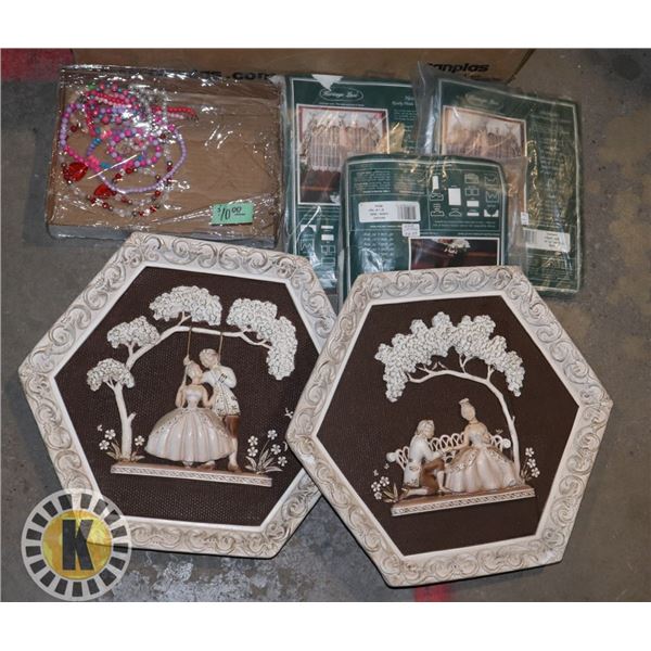 BOX OF VINTAGE DECOR, LACE, & JEWELRY