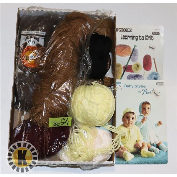 FLAT BOX OF KNITTING SUPPLIES- 8 YARNS AND 2 BOOK