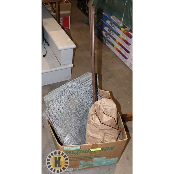 BOX OF BUILDING SUPPLIES- NETS, METAL SHEETS