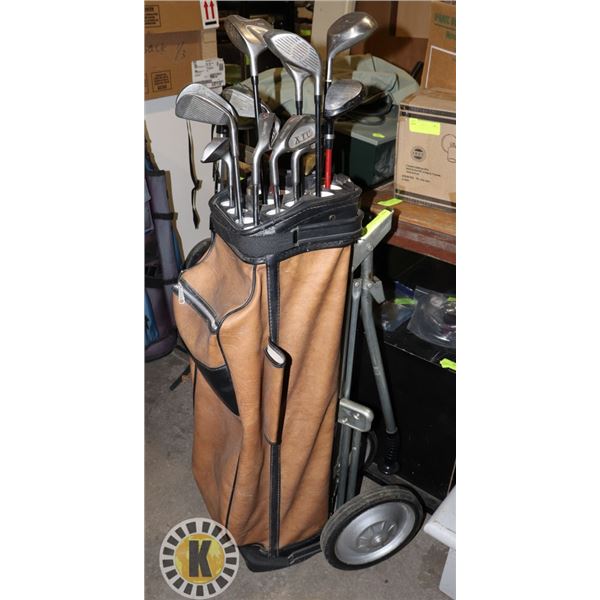 CUSTOM BROWN LEATHER  WHEEL CART WITH CLUBS