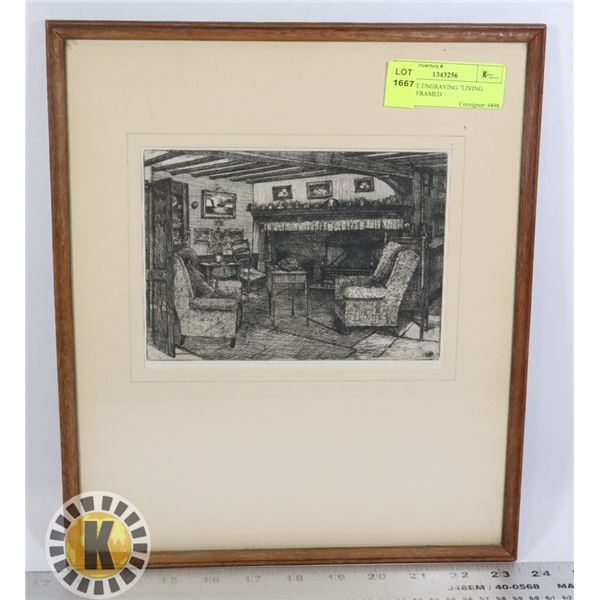 ANTIQUE ENGRAVING "LIVING ROOM", FRAMED