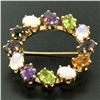 Image 1 : 14k Yellow Gold 5.18 ctw Wreath Brooch w/ Amethyst Garnet Moonstone Peridot Opal