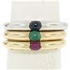 Image 1 : 14K Tri Color Gold 3 Stackable Tension Set Emerald Sapphire Ruby Solitaire Rings