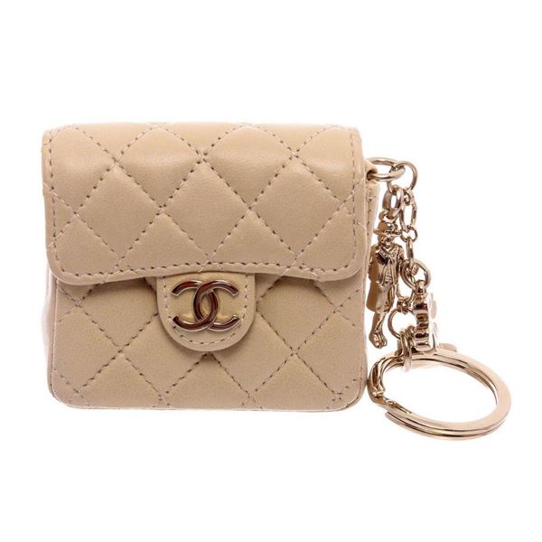 Chanel Beige Leather CC Mademoiselle Mini Flap Charm Key Ring