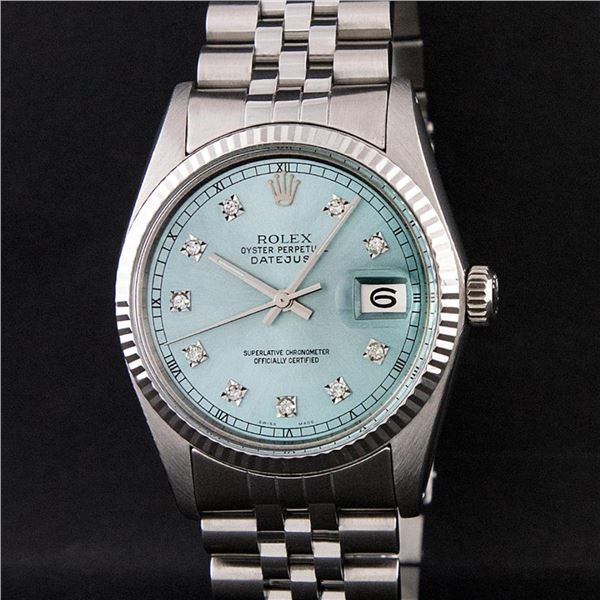 Rolex Mens Stainless Steel Ice Blue Diamond Oyster Perpetual 36MM Datejust Wrist