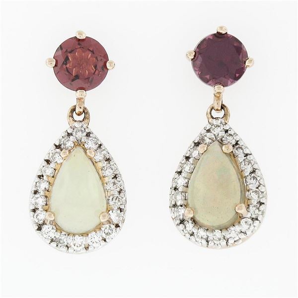 14K Gold 1.7 ctw Rhodolite Garnet Diamond & Pear Shaped Opal Drop Dangle Earring