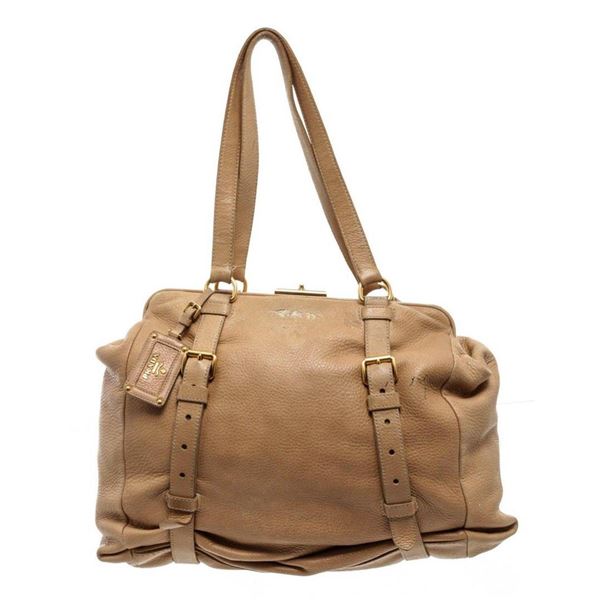 Prada Beige Cervo Leather Buckle Tote Bag