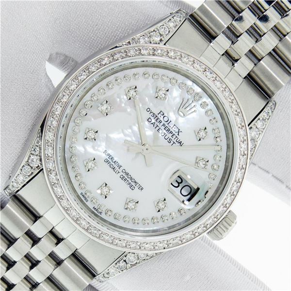 Rolex Mens Stainless Steel Mother Of Pearl Diamond Lugs Datejust Wristwatch With