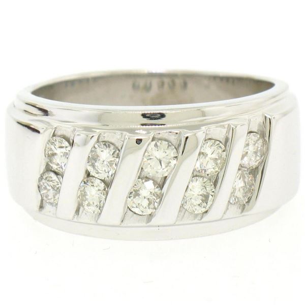 Men's 14k White Gold 1.00 ctw Round Diamond Diagonal Channel WIDE BOLD Band Ring