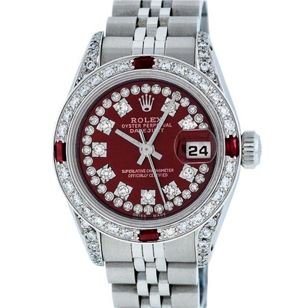 Rolex Ladies Stainless Steel 26MM Maroon Diamond Lugs Oyster Perpetual Datejust