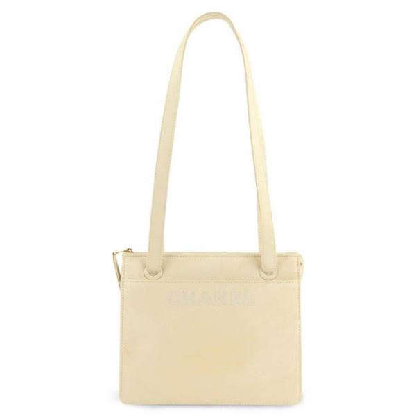 Chanel Vintage Beige Leather Logo Shoulder Bag