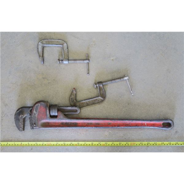 pipe wrench & 2 clamps