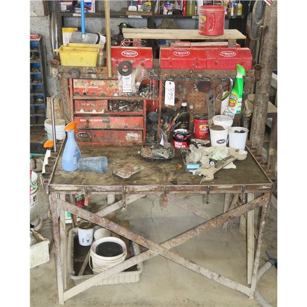 workstation 50"T x 44"W x 32"D w/ large quantity of stems, valves, patches, etc