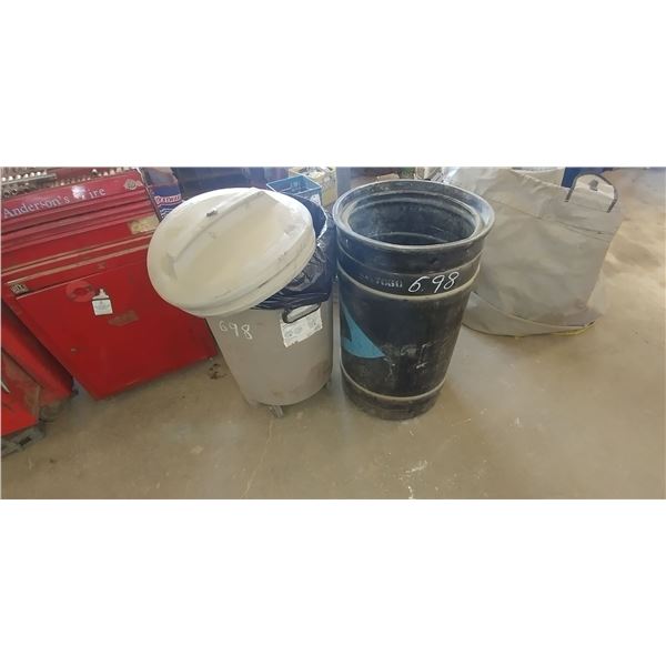 plastic garbage can & 30 gallon barrel