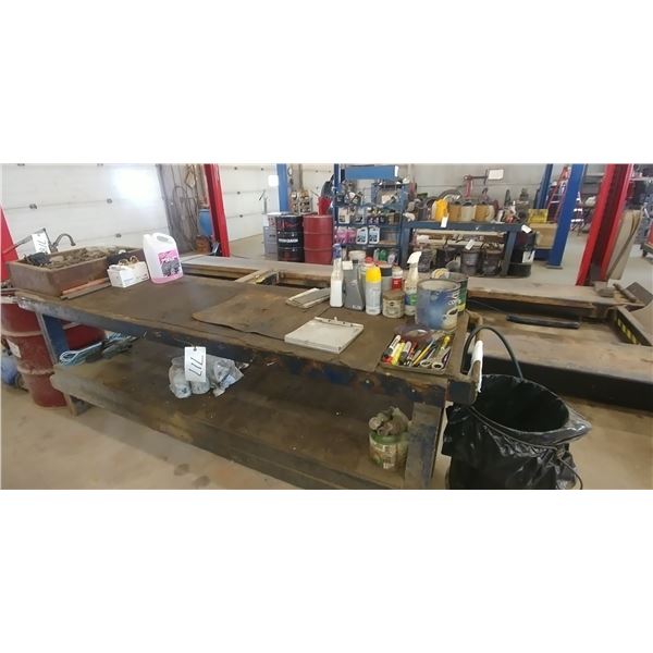 wooden work bench c/w contents