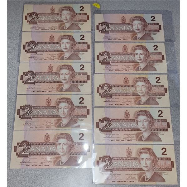1986 $2.00 bills X10; variety of grades & signatures