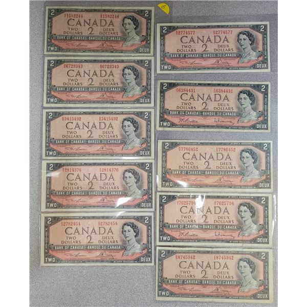 1954 $2.00 bills X 10; variety of grades & signatures. More valuable prefixes