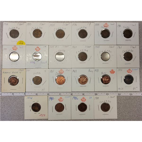 Canadian pennies (22) 1932, 33, 35, 36, 37, 38, 39, 46, 47 ml, 55, 58, 63, 63+