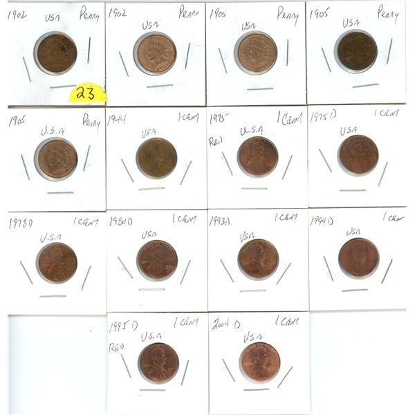 14 USA pennies 1902 (2) 1905 (3) 1944 Red, 1978D, 1980D, 1993D, 1994, 5