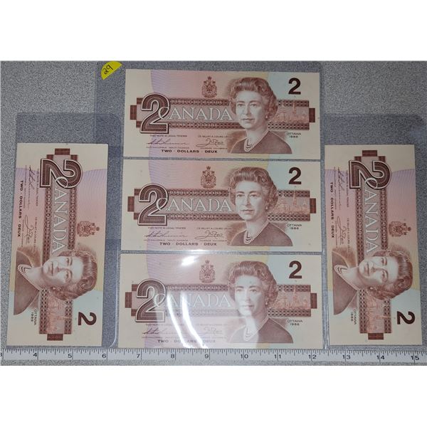 1986 $2.00 bills X5 EGN8283716-20 sequential Thiessen/Bouey Gem