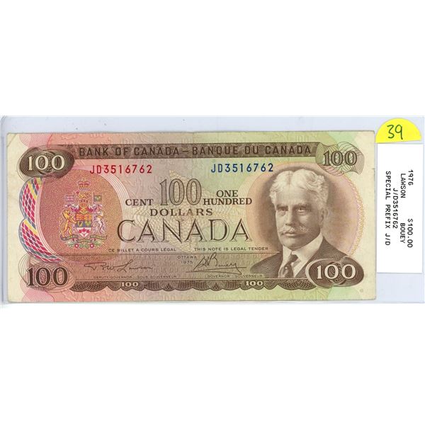 1975 $100.00 J/D 3516762 Special Prefix Lawson/Bouey
