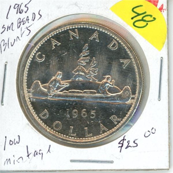 1965 silver dollar small beads blunt 5, UNC 80% silver