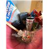 Image 2 : Lot Basket of Assort Items - Travel Mug, Christmas Glass, Masher, Spatula, Scrub Pads, Wallet