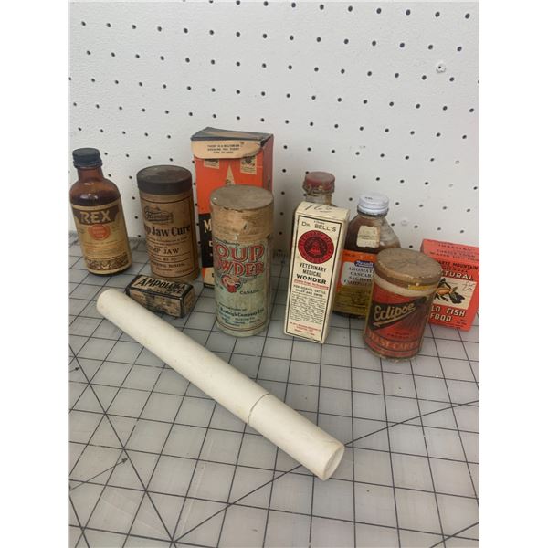LOT OF OLD BOTTLES AND BOXES VETERINARIAN ETC