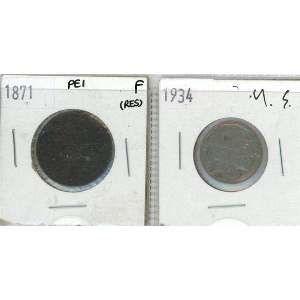 1871 PEI Penny + 1934 Buffalo/Indian Head Nickel