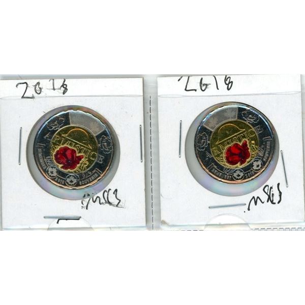 (2) 2018 Canadian Armistice 100th Anniversary Toonies