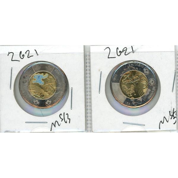 (2) 2021 Canadian Toonies (One Colourized)