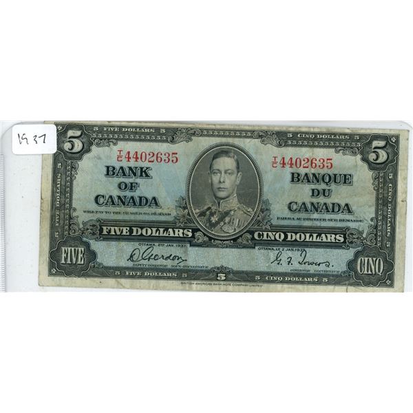1937 Canadian Five Dollar Bill