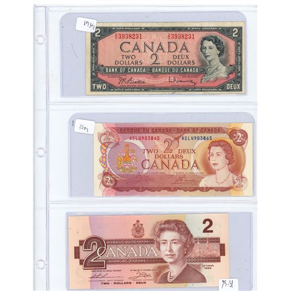 (3) 1954-1986 Canadian Two Dollar Bills
