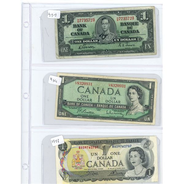 (3) 1937-1973 Canadian One Dollar Bills
