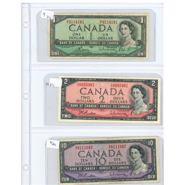 (3) 1954 Canadian One Dollar, Two Dollar, And Ten Dollar Bills