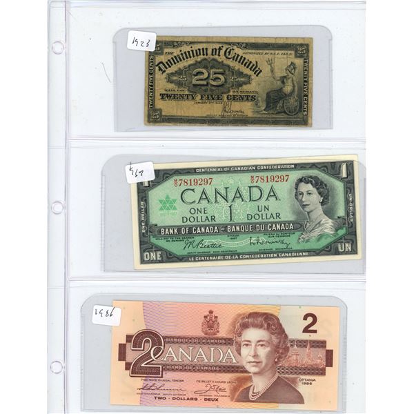 (3) 1900-1986 Canadian Twenty Five Cent, One Dollar, Two Dollar Bills