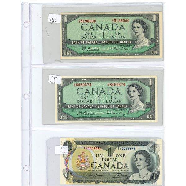 (3) 1954-1973 Canadian One Dollar Bills