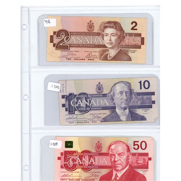 (3) 1986-1988 Canadian One Dollar, Two Dollar, Fifty Dollar Bills