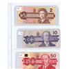 Image 1 : (3) 1986-1988 Canadian One Dollar, Two Dollar, Fifty Dollar Bills