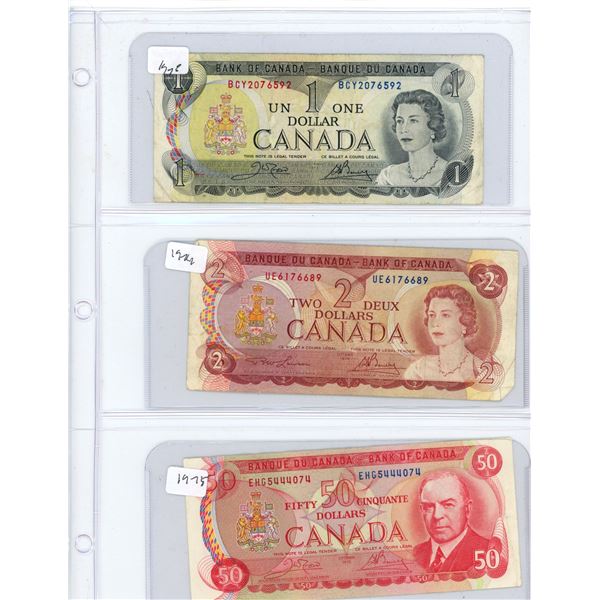 (3) 1973-1975 Canadian One Dollar, Two Dollar, Fifty Dollar Bills