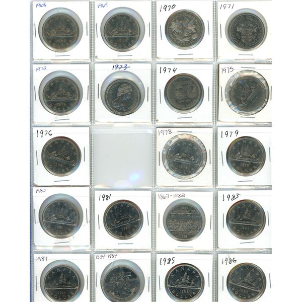 Sheet Of (19) 1968-1986 Canadian One Dollar Coins